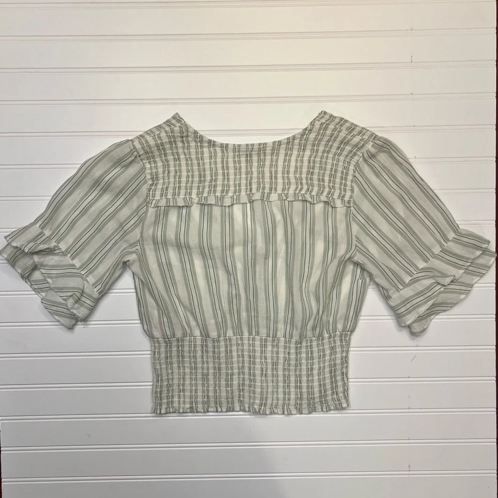 Abercrombie & Fitch White & Green Striped Half Sleeve‎ Ruffled Cropped Blouse S